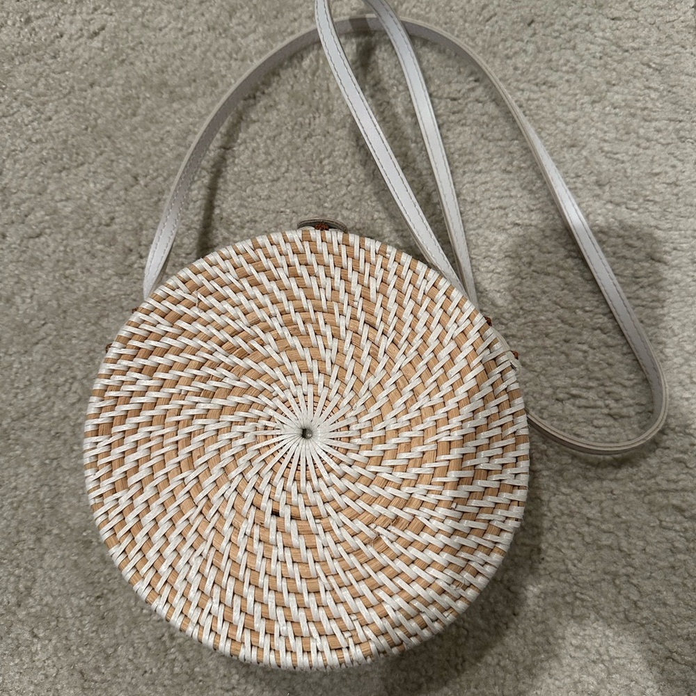 Round Woven Tan and White Crossbody Bag